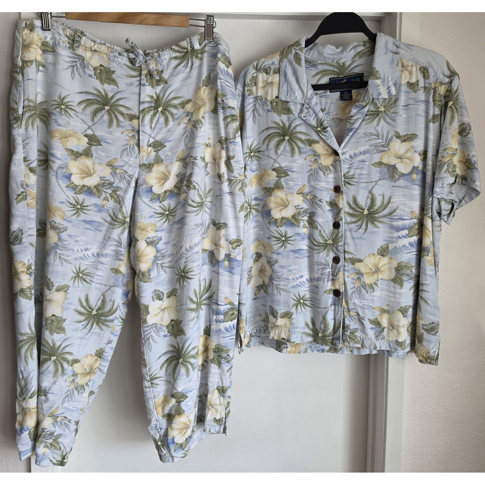 Island Traders Set XL Blue Floral Palm Tree Short Sleeve Resort Vintage